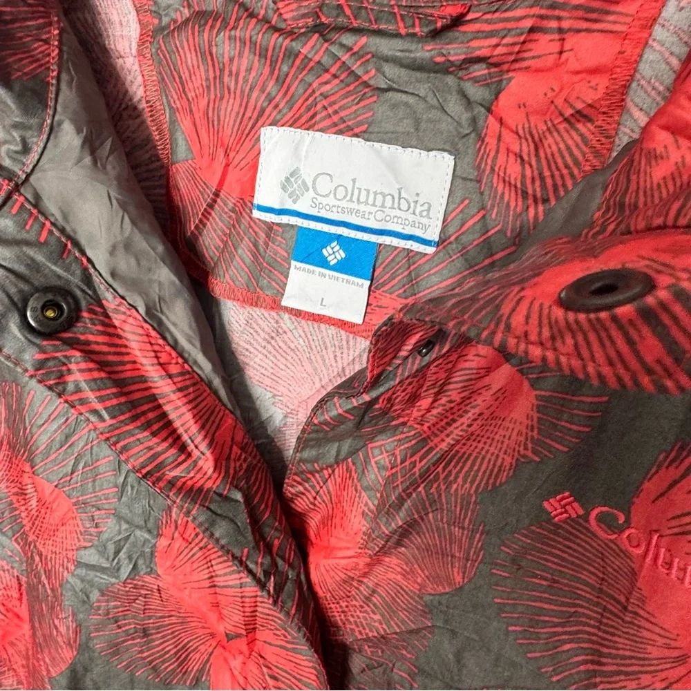 Columbia Long Belted Hooded Size Large Grey Red Print Raincoat Pre Owned - Picture 2 of 3